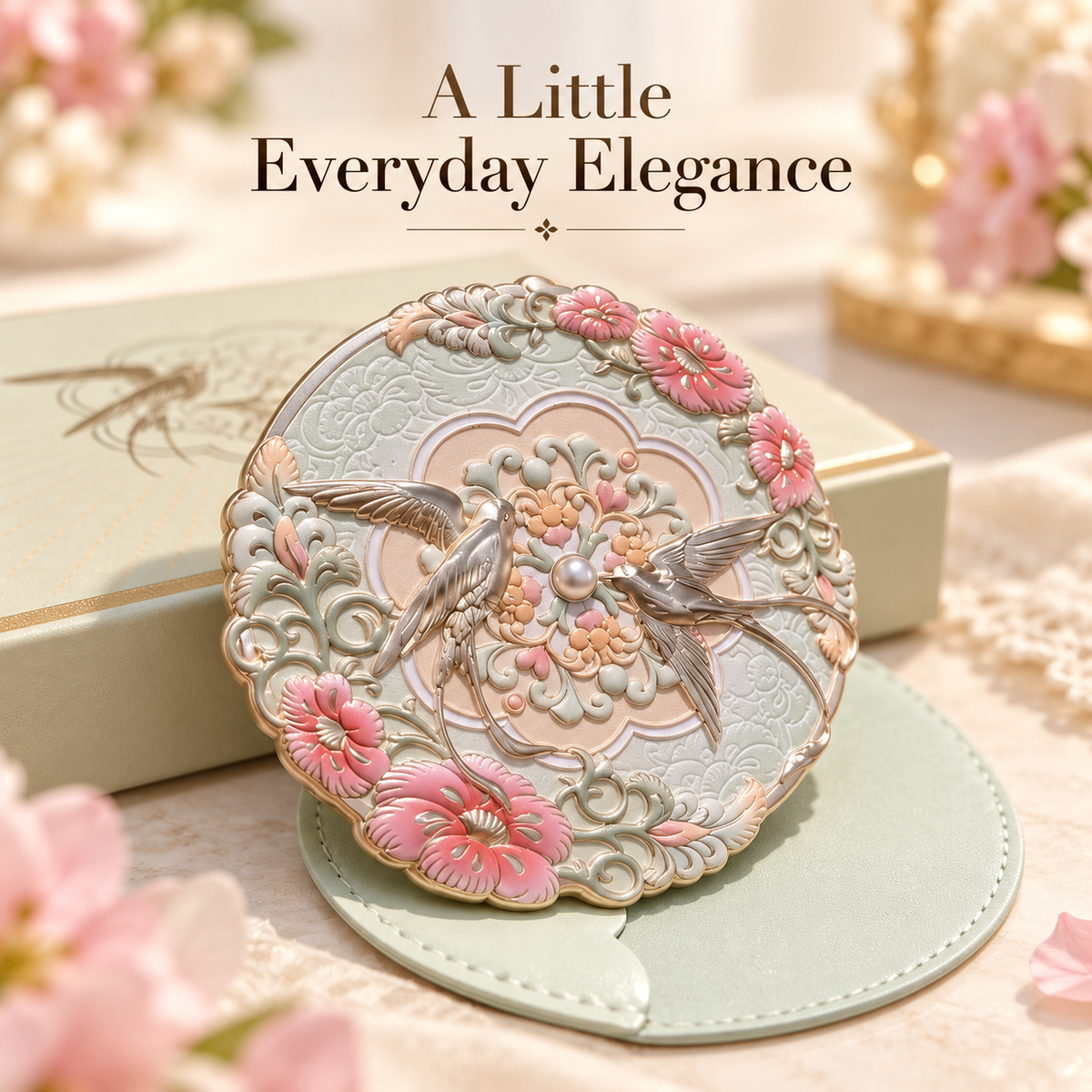Floral & Bird Pocket Mirror – Vintage-Inspired Pastel Design Main image