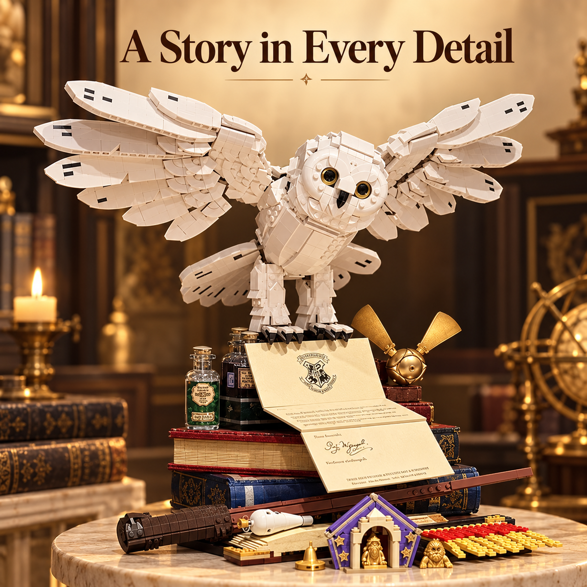 Snowy Owl Building Block Display – Fantasy Book-Themed Decor