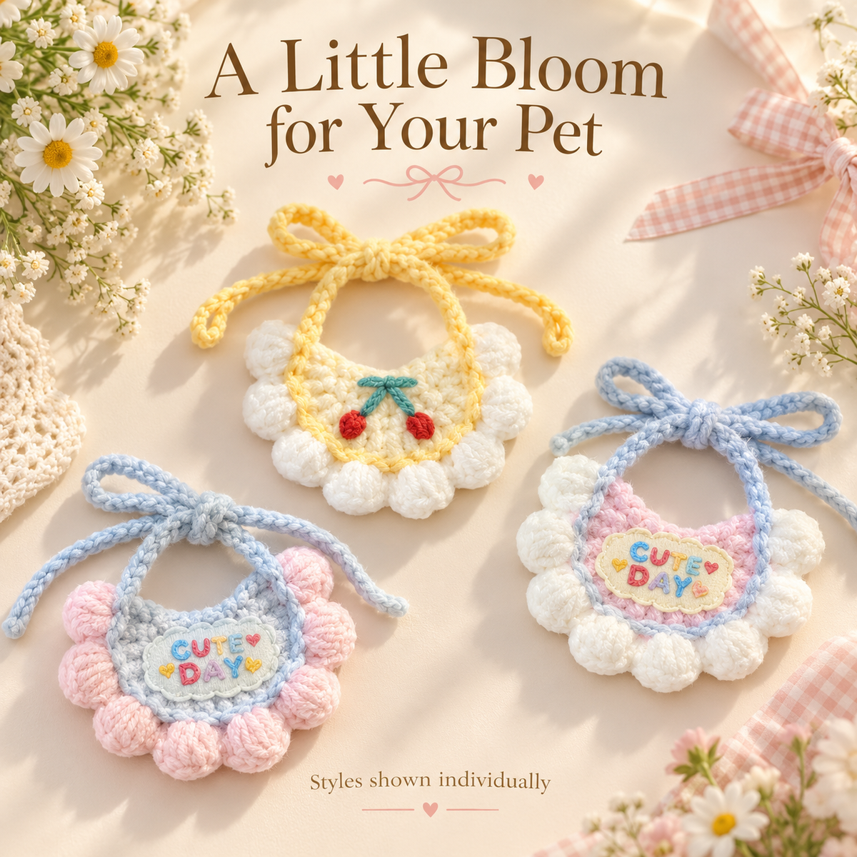 Crochet Pet Bib – Cute Tie-On Accessory for Cats & Small Dogs