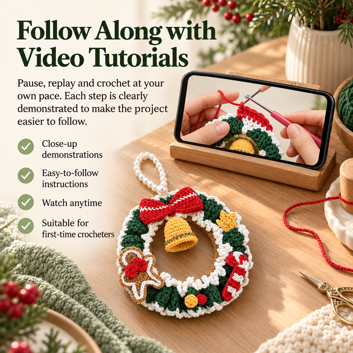 Christmas Wreath DIY Crochet Kit with Video Tutorials