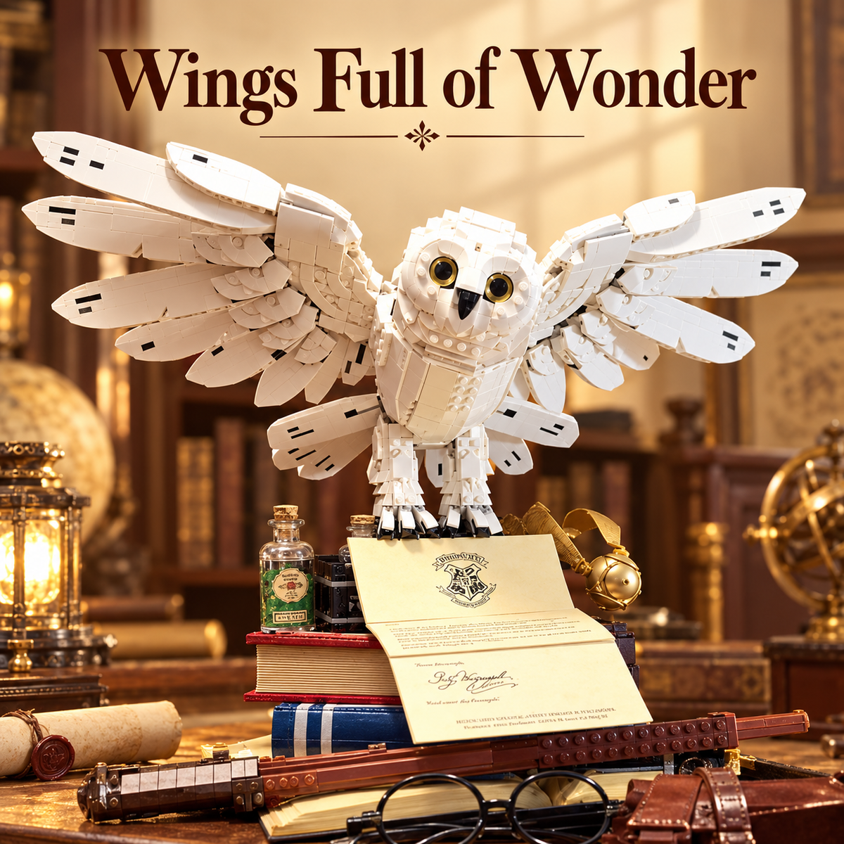 Snowy Owl Building Block Display – Fantasy Book-Themed Decor
