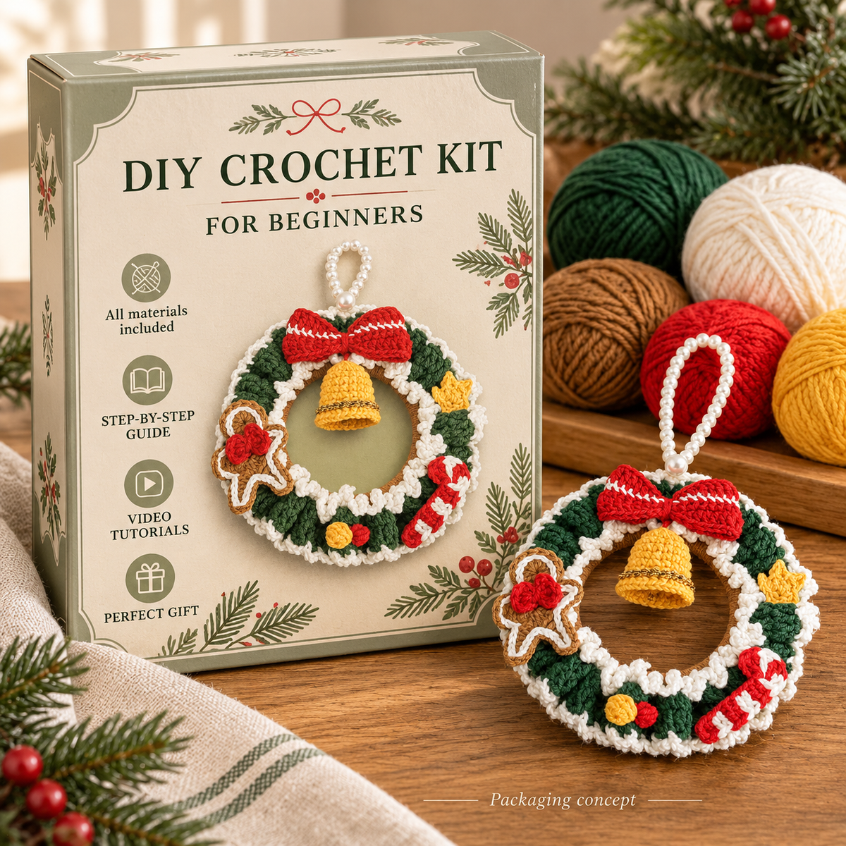 Christmas Wreath DIY Crochet Kit with Video Tutorials