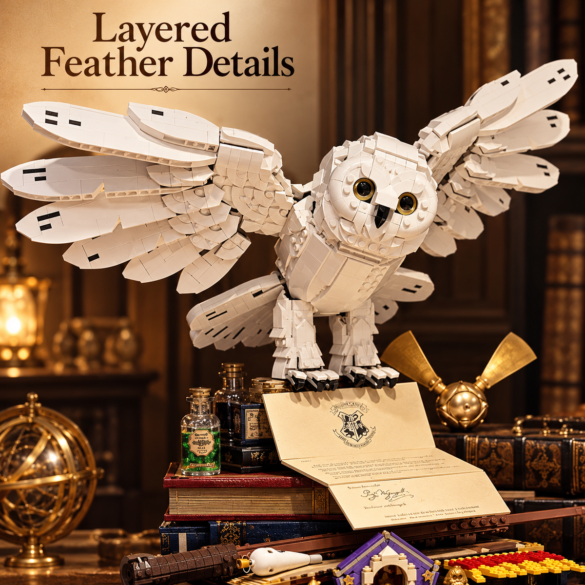 Snowy Owl Building Block Display – Fantasy Book-Themed Decor