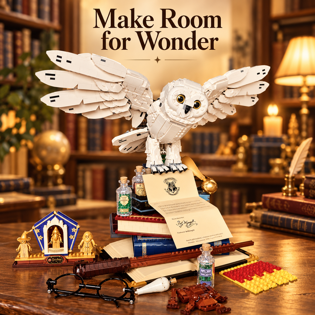 Snowy Owl Building Block Display – Fantasy Book-Themed Decor