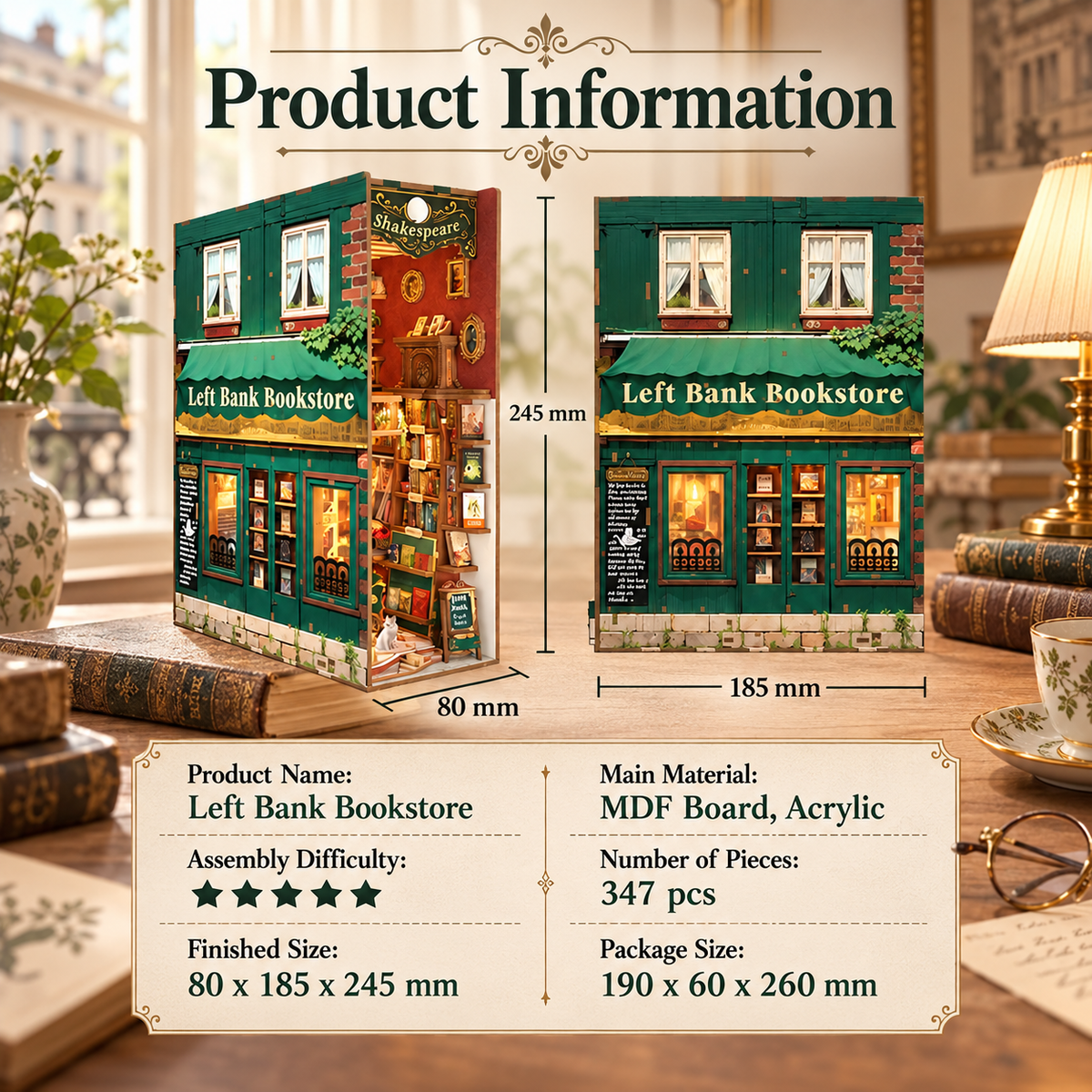 Left Bank Bookstore DIY Book Nook Kit with Sensor LED Light