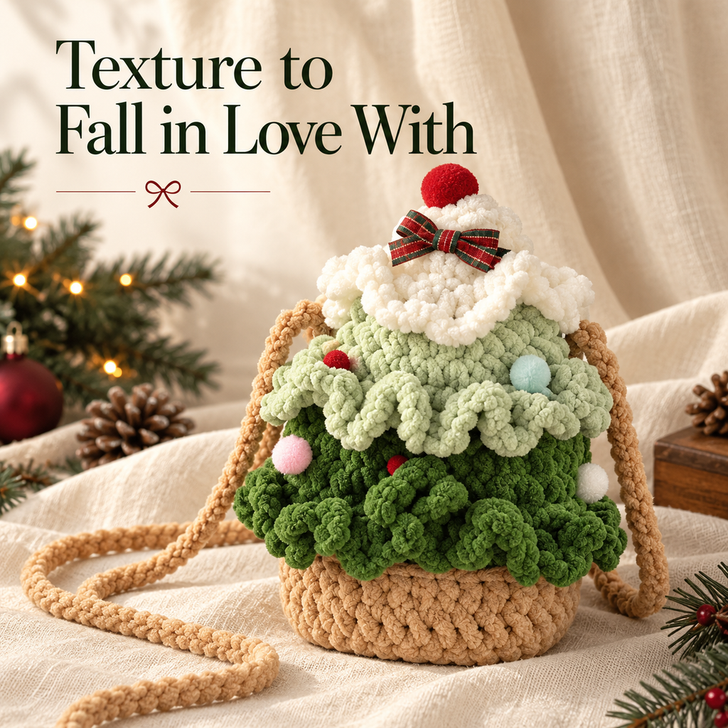 Christmas Tree Crochet Shoulder Bag with Pom-Pom Details