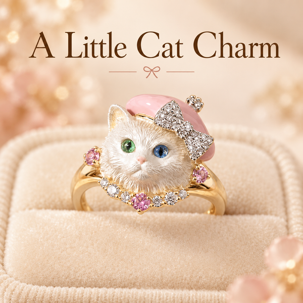Pink Beret Cat Ring – Gold-Tone Bow & Sparkle Detail