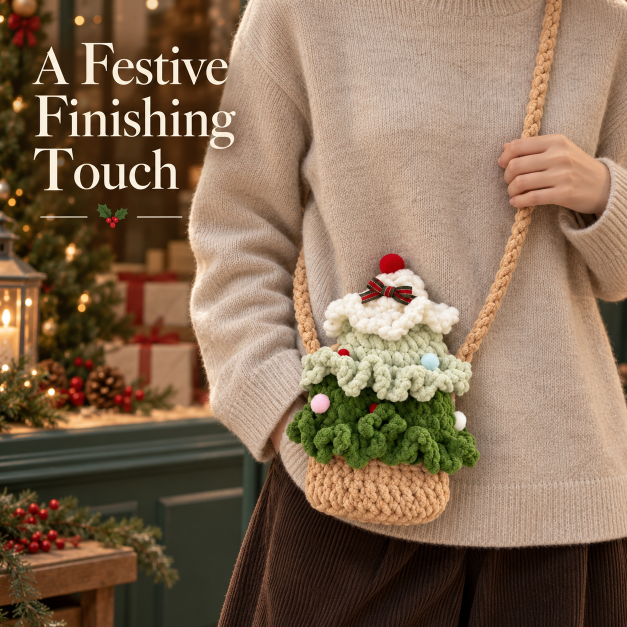 Christmas Tree Crochet Shoulder Bag with Pom-Pom Details Secondary image