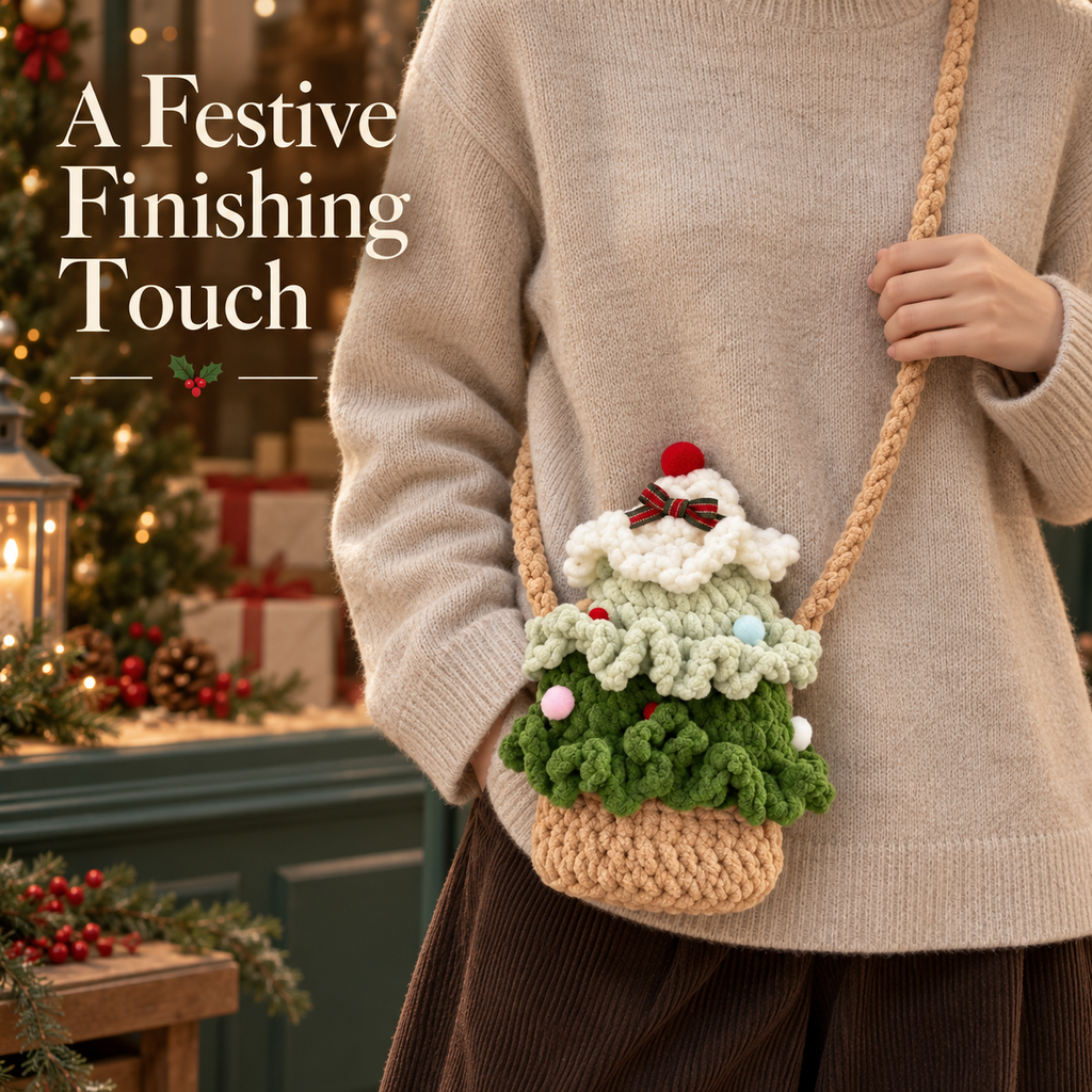Christmas Tree Crochet Shoulder Bag with Pom-Pom Details