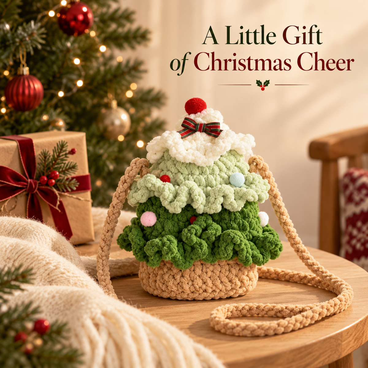 Christmas Tree Crochet Shoulder Bag with Pom-Pom Details