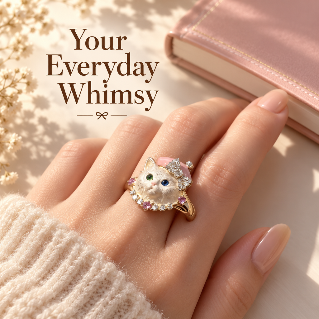 Pink Beret Cat Ring – Gold-Tone Bow & Sparkle Detail