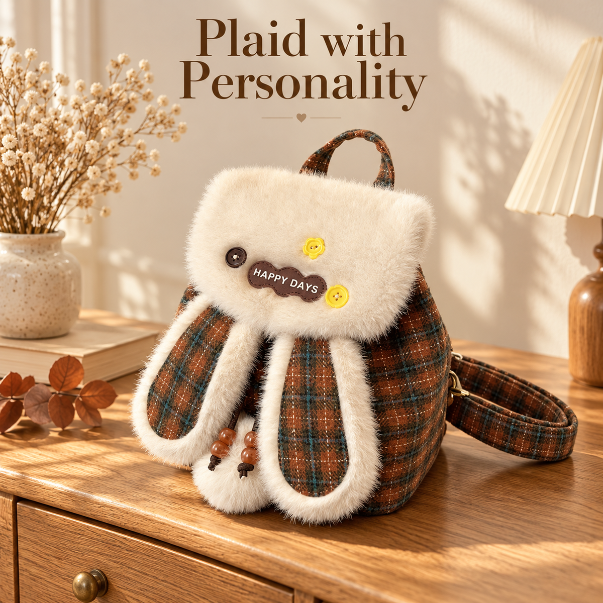 Bunny-Ear Mini Backpack with Plush Trim & Plaid Details