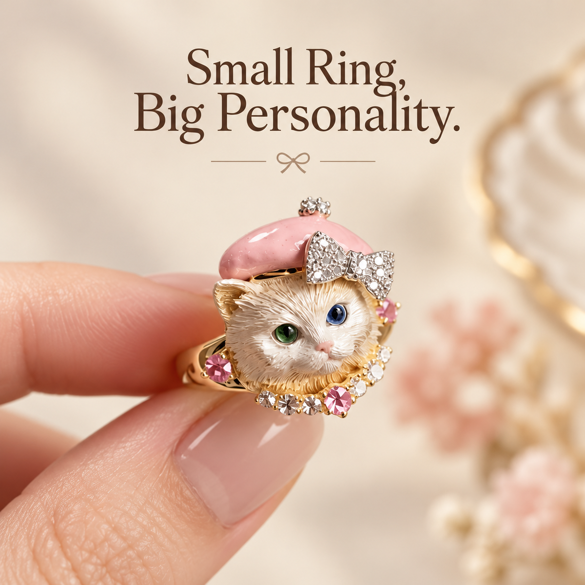 Pink Beret Cat Ring – Gold-Tone Bow & Sparkle Detail