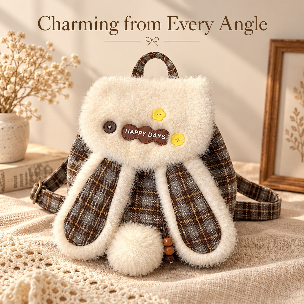 Bunny-Ear Mini Backpack with Plush Trim & Plaid Details