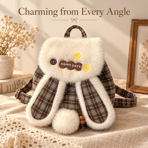 Bunny-Ear Mini Backpack with Plush Trim & Plaid Details