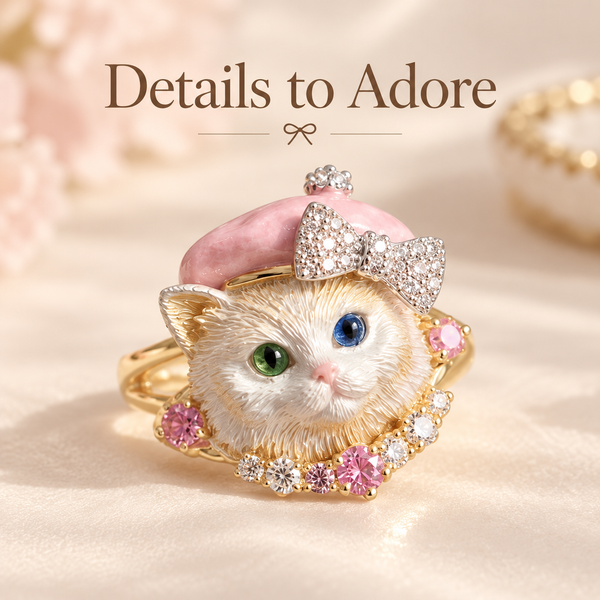 Pink Beret Cat Ring – Gold-Tone Bow & Sparkle Detail