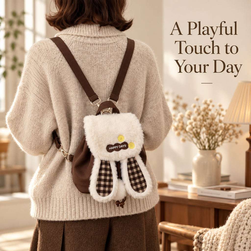 Bunny-Ear Mini Backpack with Plush Trim & Plaid Details