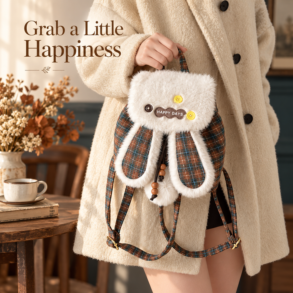 Bunny-Ear Mini Backpack with Plush Trim & Plaid Details