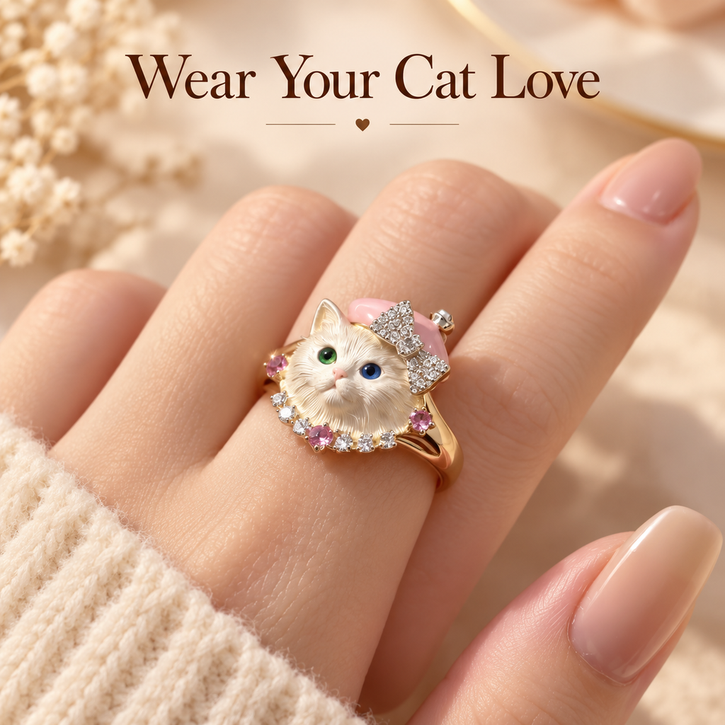 Pink Beret Cat Ring – Gold-Tone Bow & Sparkle Detail