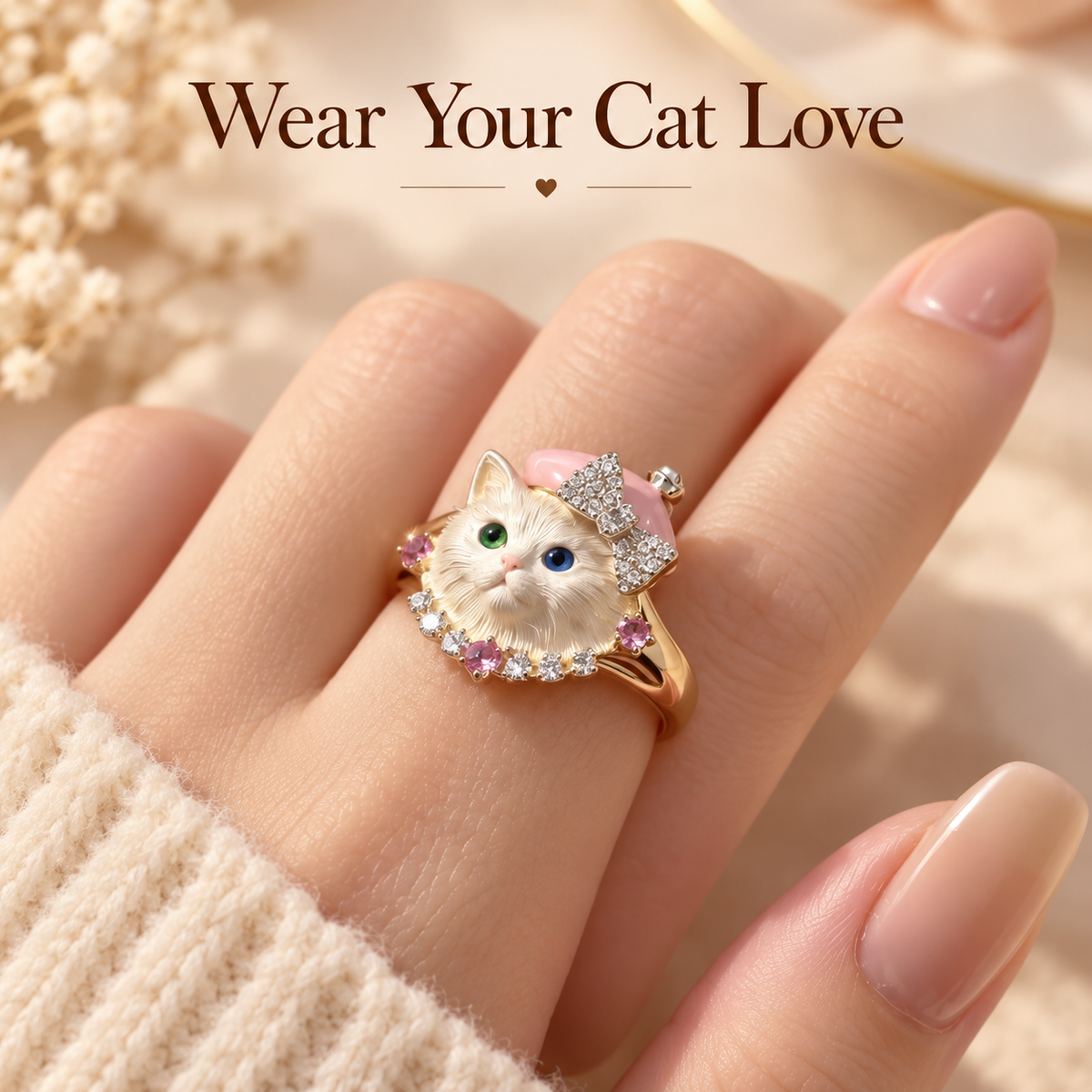 Pink Beret Cat Ring – Gold-Tone Bow & Sparkle Detail