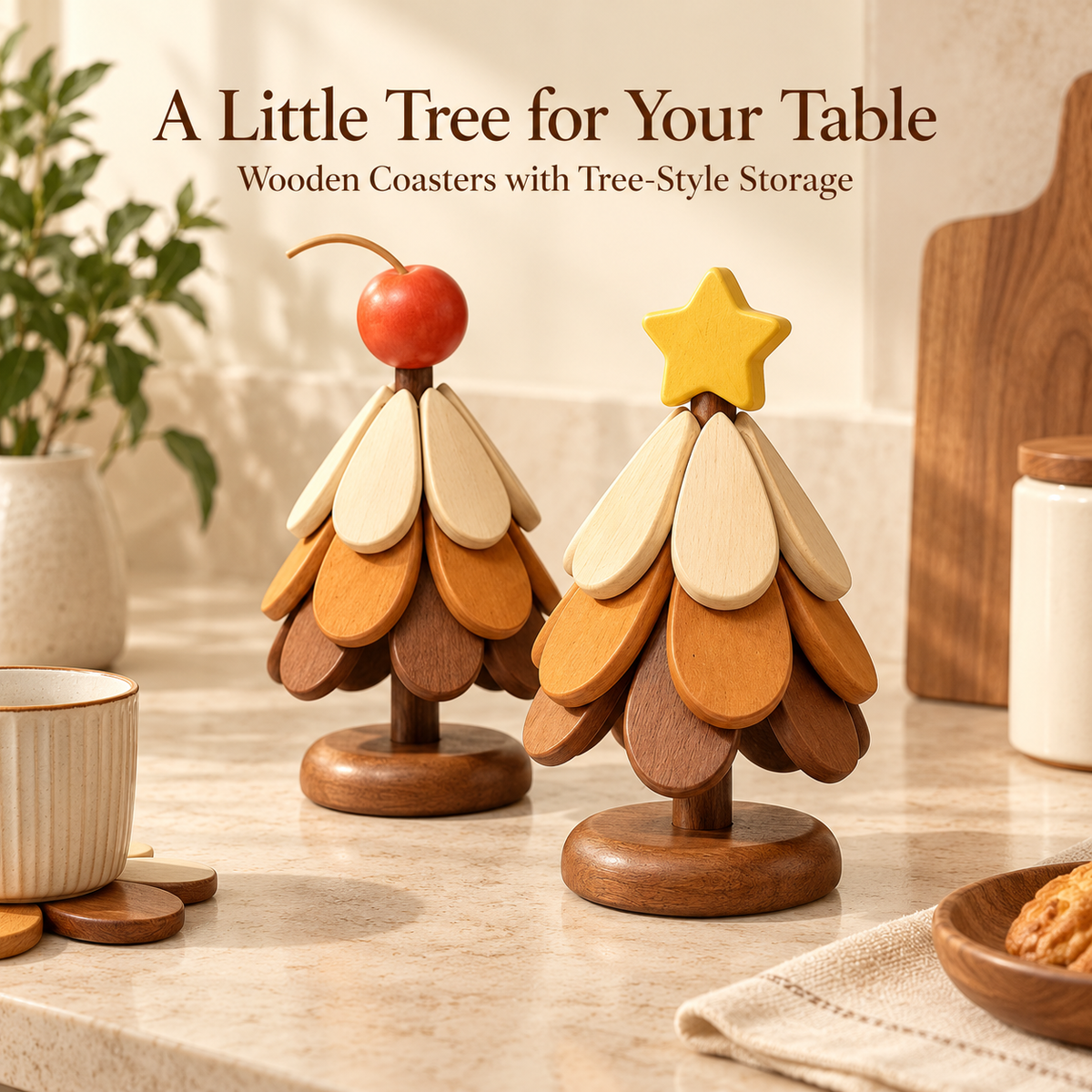 Wooden Folding Coasters with Decorative Tree Holder