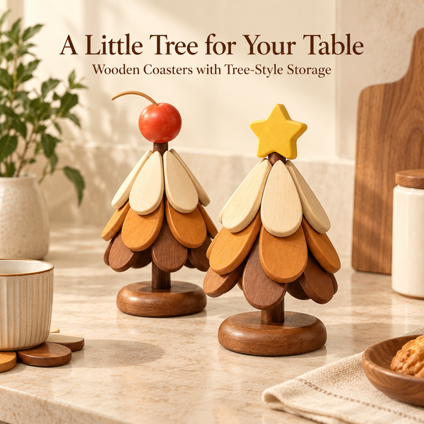 Wooden Folding Coasters with Decorative Tree Holder