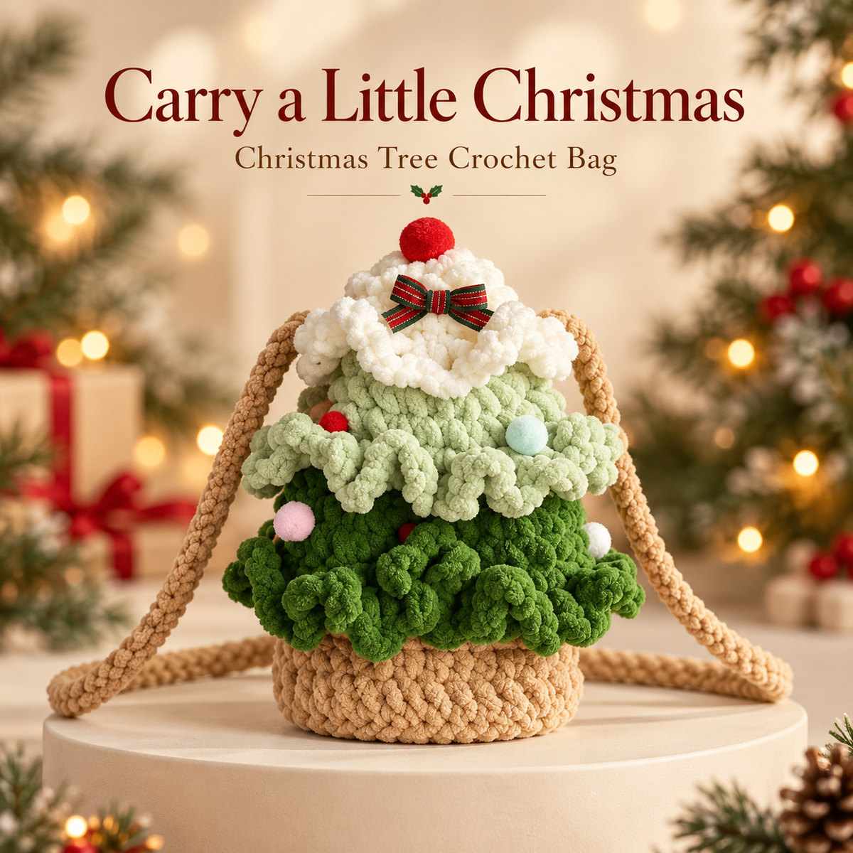 Christmas Tree Crochet Shoulder Bag with Pom-Pom Details