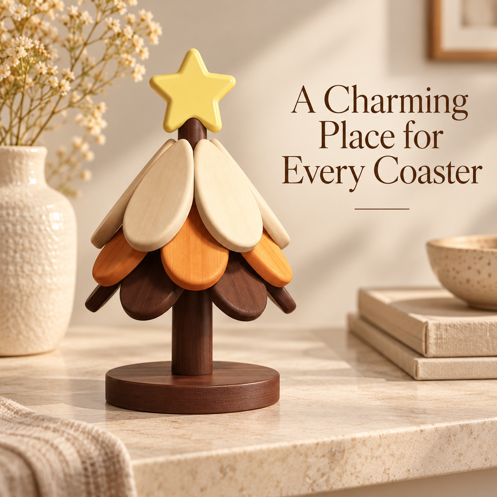 Wooden Folding Coasters with Decorative Tree Holder