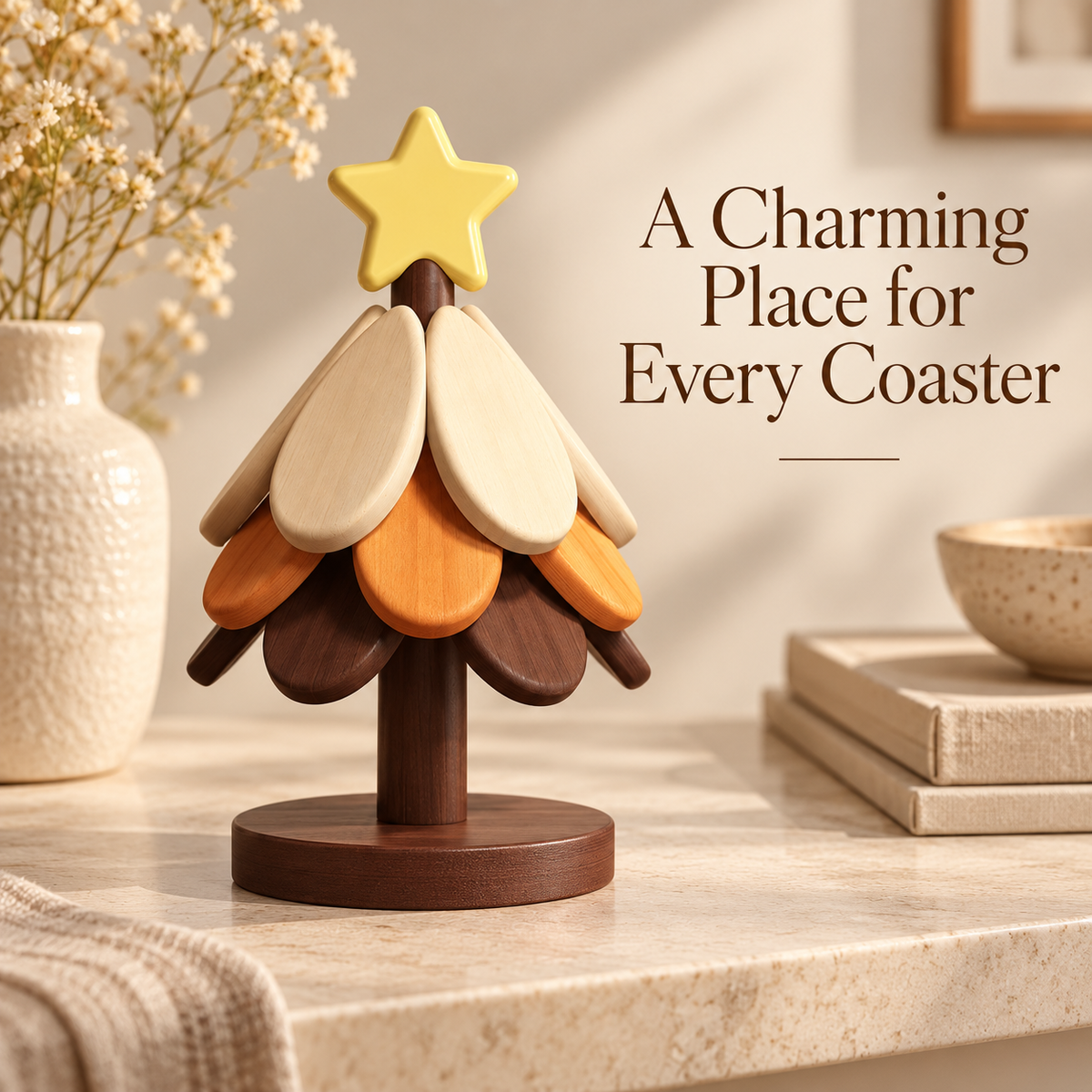 Wooden Folding Coasters with Decorative Tree Holder